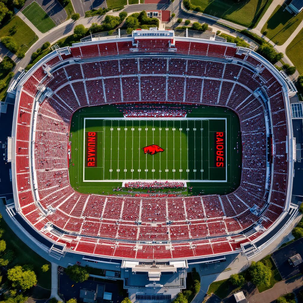 AI generated: “A top-down drone view of Reynolds Razorback Stadium with spectators, green football field in perfec...