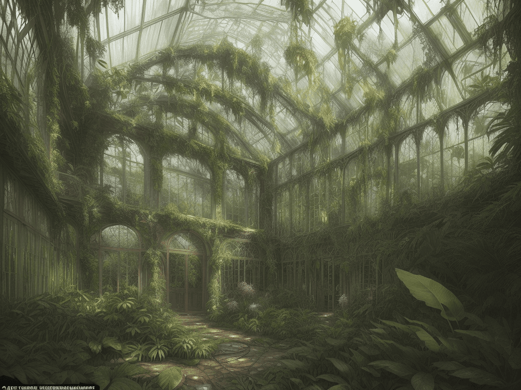 AI generated: An abandoned Victorian greenhouse overgrown with lush, exotic plants in the heart of a mystical fore...