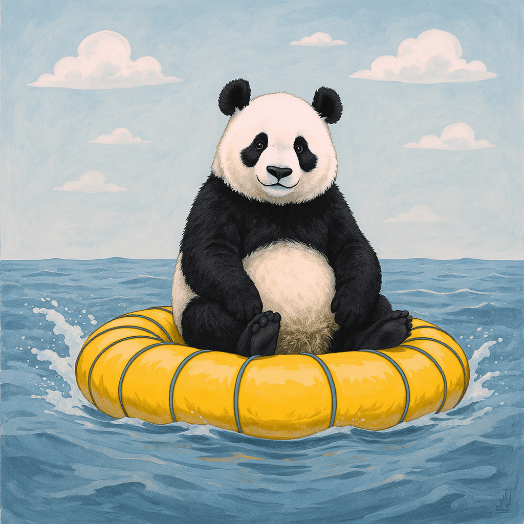 AI generated: A panda sits on a moving raft and then sinks