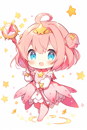 AI generated: An adorable chibi character in a sparkly pink crown, holding a star patterned wand, bright blue eyes...