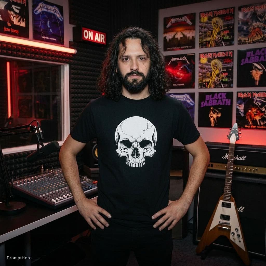 AI generated: A man in a radio studio with a heavy metal aesthetic, looking directly at the camera; good lighting,...