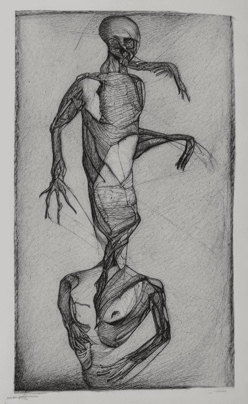 AI generated: drypoint engraving scribble, bizarre drawing, white background, human figure that launches into the ...