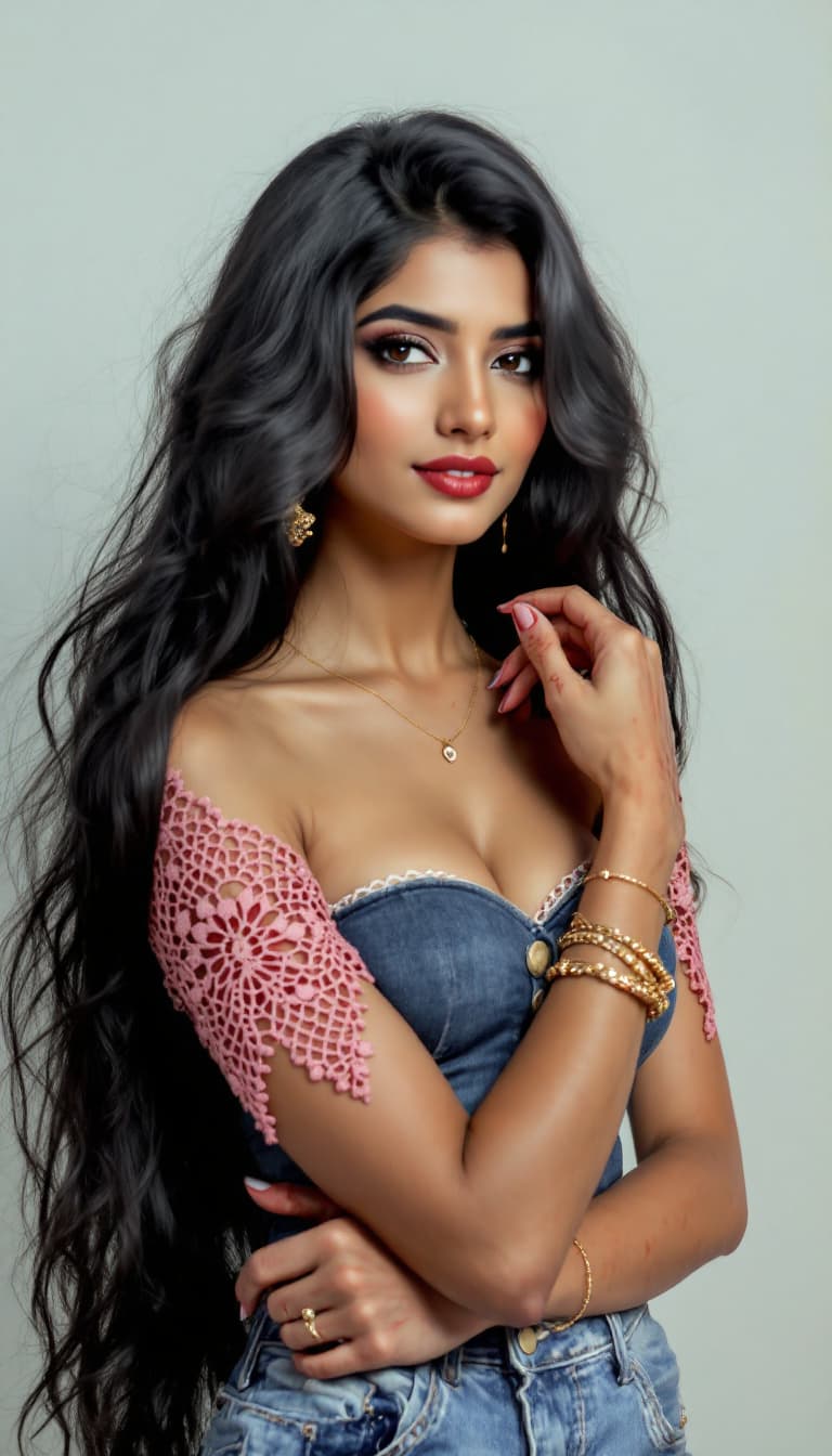 AI generated: **A stylish Indian woman with extremely long hair, wearing a sleek strapless sleeve denim, gold acce...