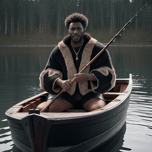 AI generated: Black man wearing wolf pelt inside a wooden boat fishing hyper-realistic image