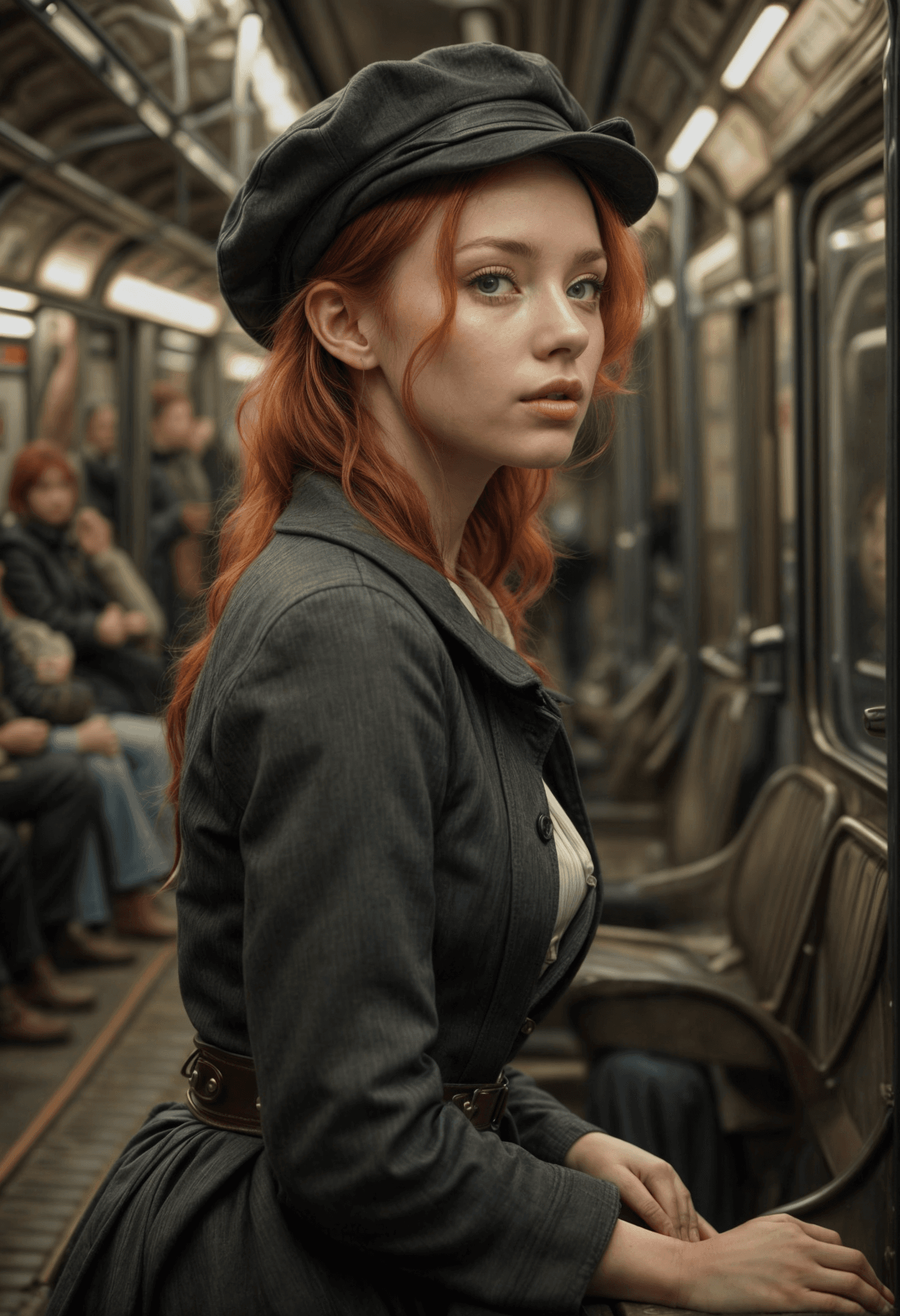 AI generated: Ginger woman with hands on hips seated inside a London Underground train, cropped top, backdrop of b...