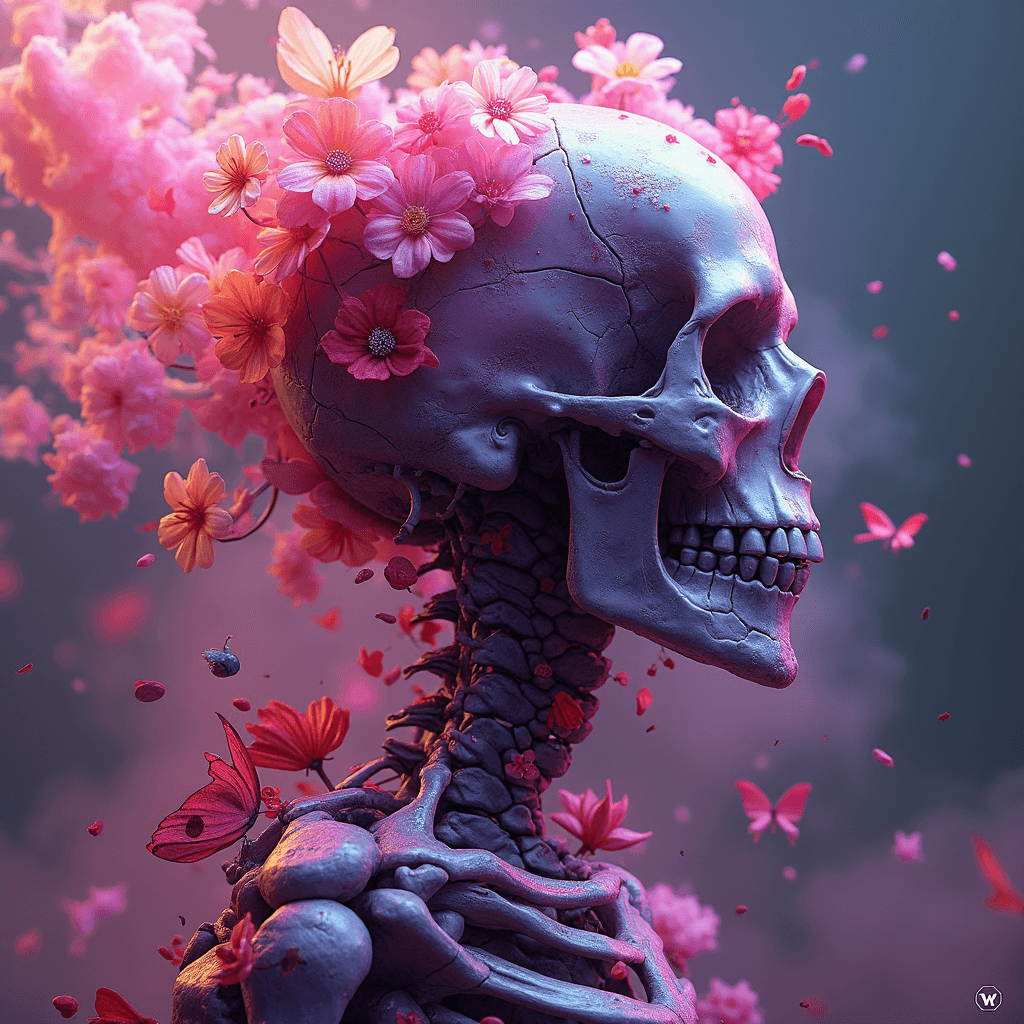AI generated: colorful flowers, dmt style, 3d render, Skeleton in 'Fluid Fragments', morphing seamlessly between a...
