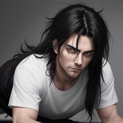 AI generated: 1boy, black_eyes, red_eyes, black_hair, long_hair, messy_hair, bangs, hair_between_eyes, stubble, ey...
