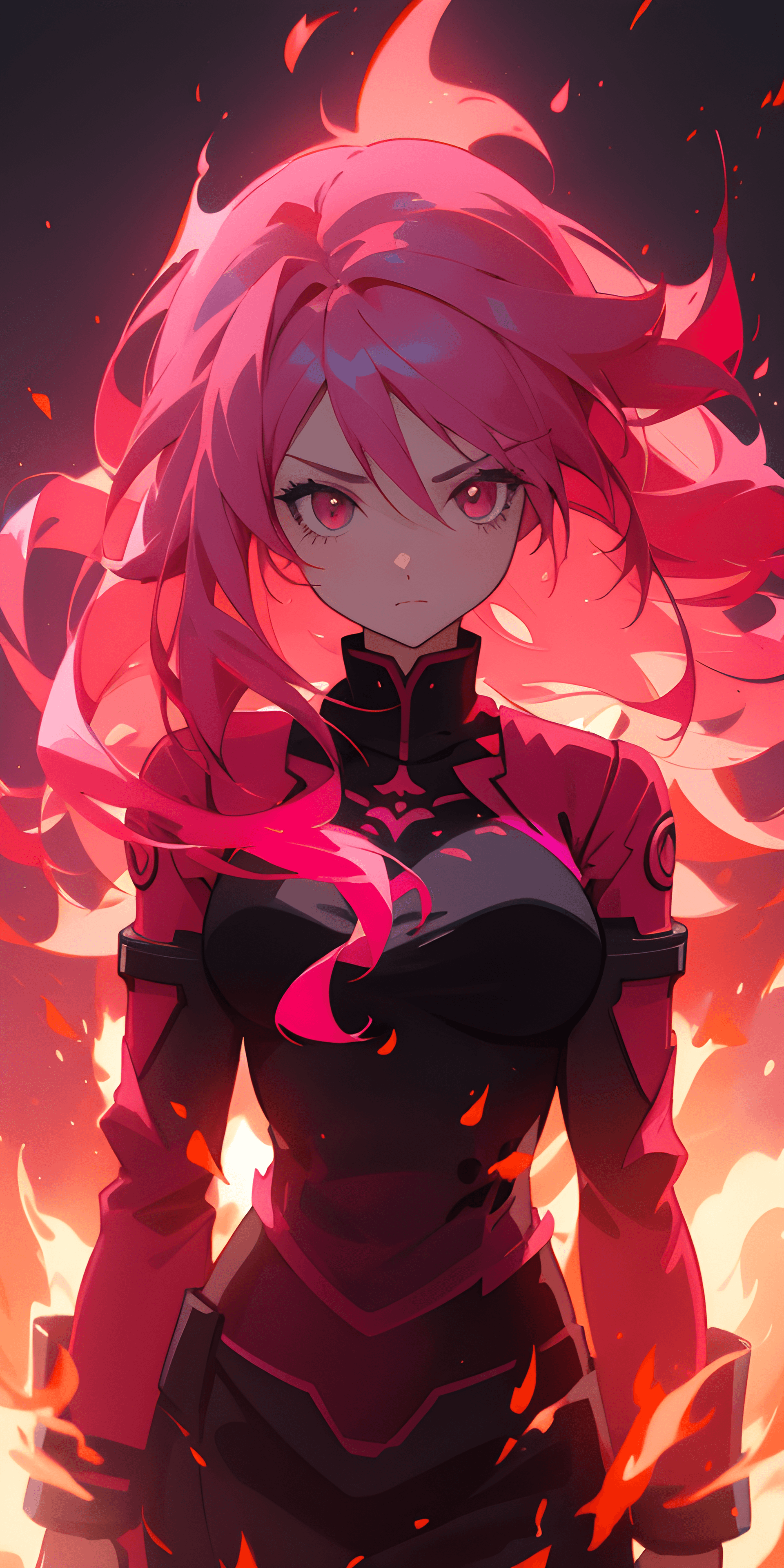 AI generated: a woman with pink hair standing in front of a fire, by Ross Tran, digital art, pink and red color st...