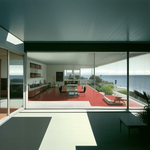 AI generated: Hyper realistic eye level exterior photo of a mid century modern style house overlooking the ocean, ...