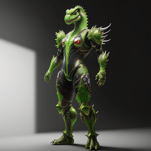 AI generated: full body portrait of Yoshi from Super Mario Bros, dinosaur, clad in intricate details cybernatic ar...