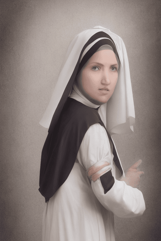 AI generated: female dressed as nun, (full body visible), looking at viewer, portrait, photography, detailed skin,...