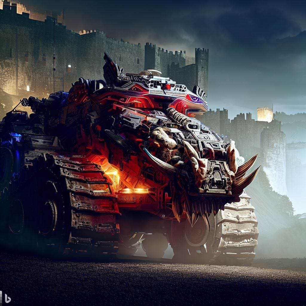 AI generated: sci-fi futuristic heavy armored dragon head canyon war tank, insanely detailed and intricate, photog...