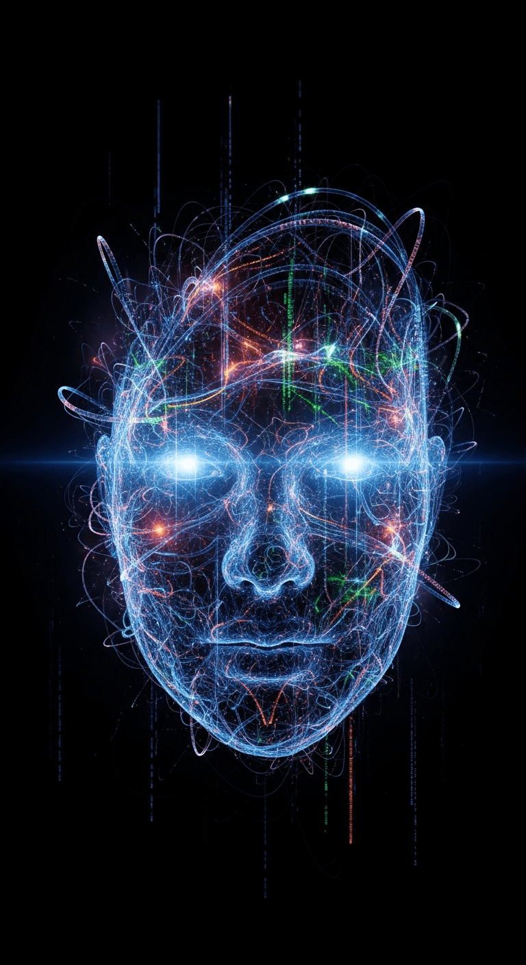 AI generated: Create a dystopian futuristic sci-fi style video depicting a strange ethereal futuristic face swirli...