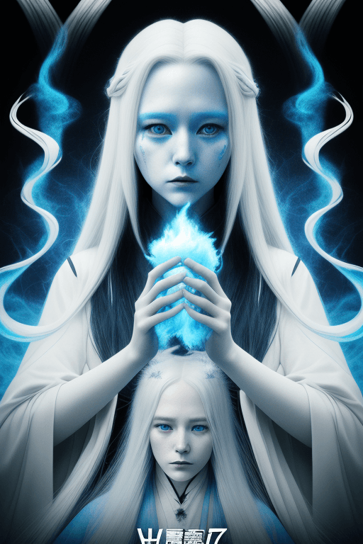 AI generated: movie poster, part burnt very old photo white witch with long straight hair,, white and blue, in the...