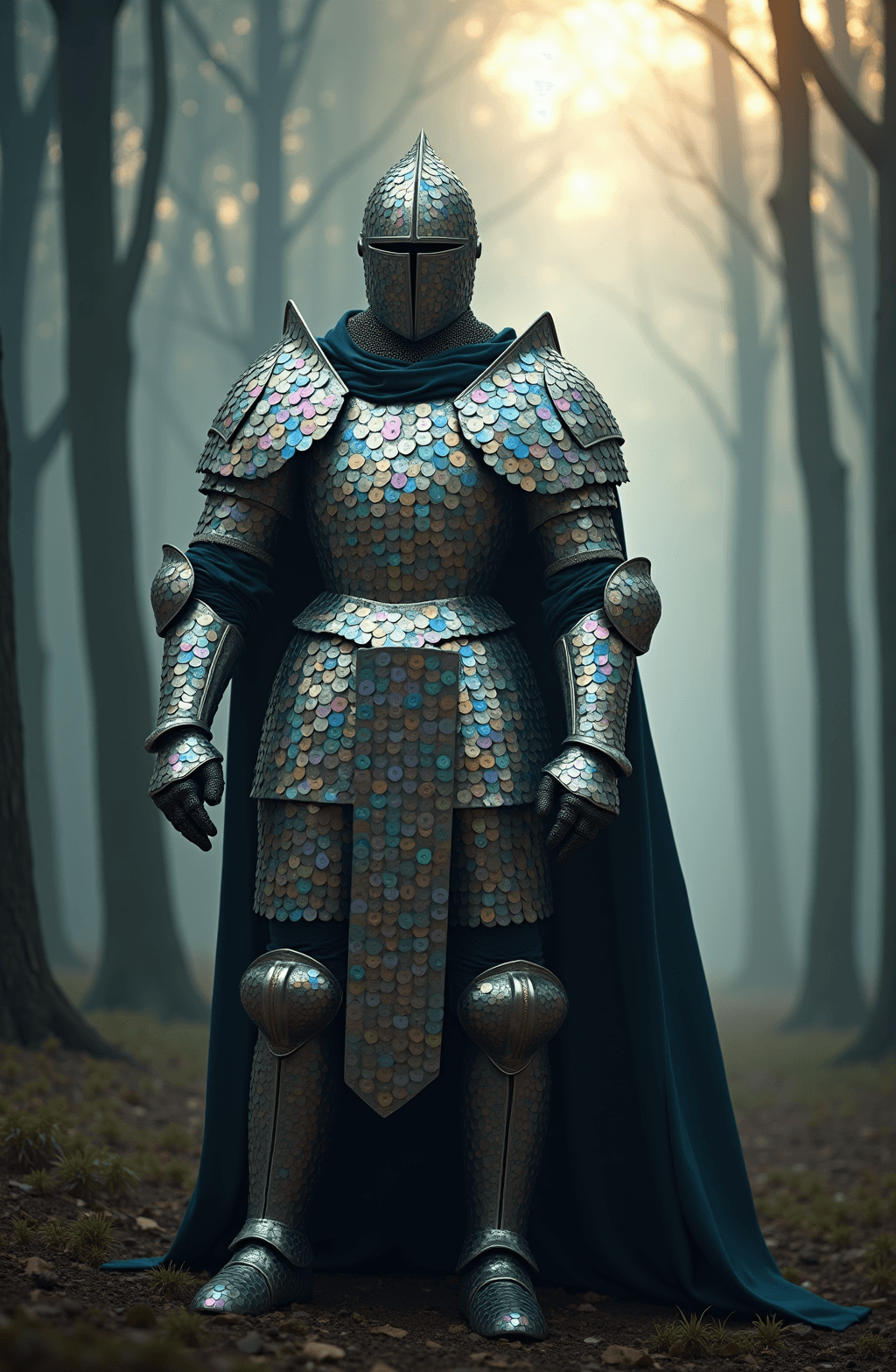 AI generated: A full-body medieval knight standing in a misty forest at dawn, completely covered in reflective CDs...
