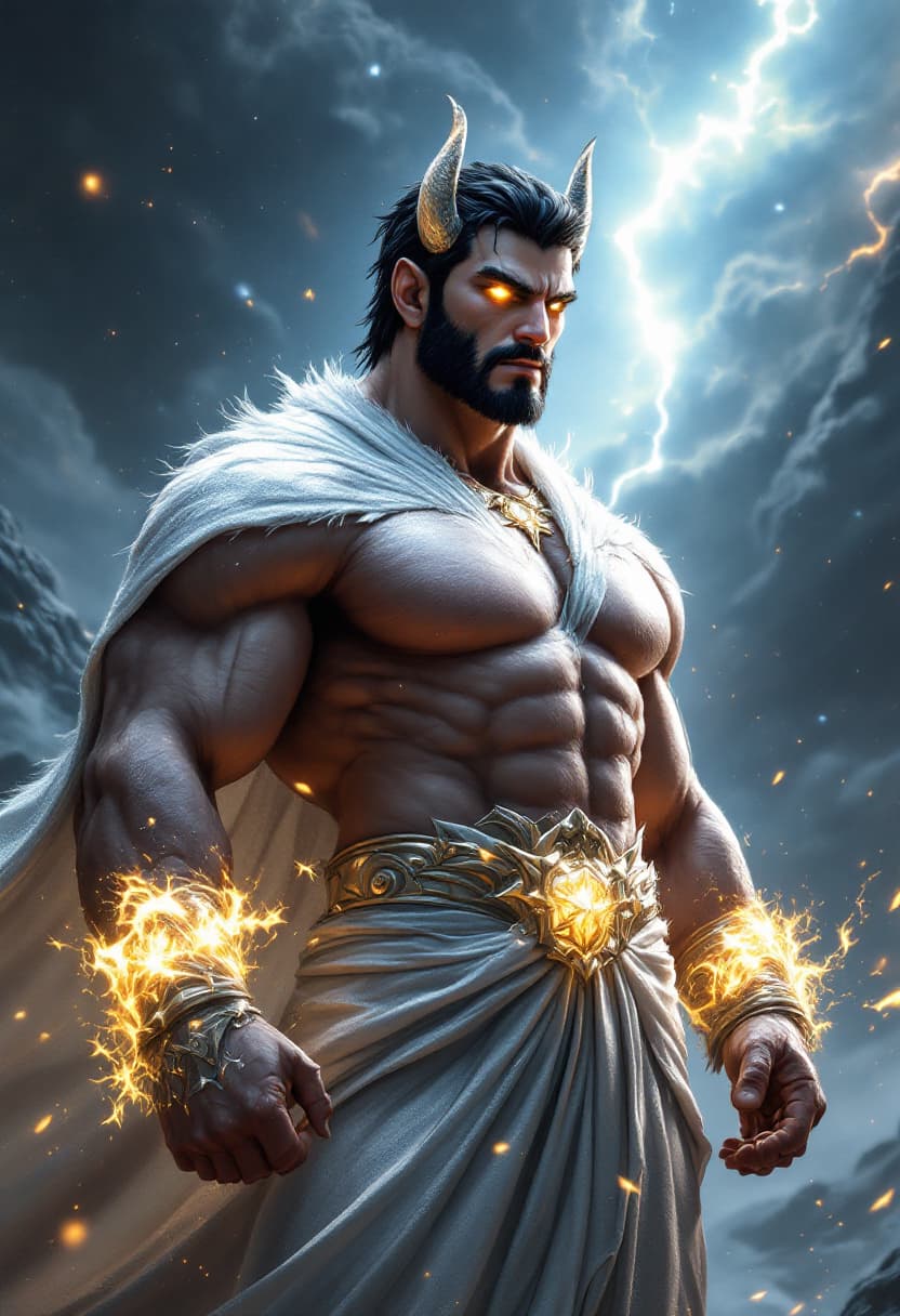 AI generated: God of Gods Muscular and tall Full body with short black and white hair with Black cleanly trimmed s...