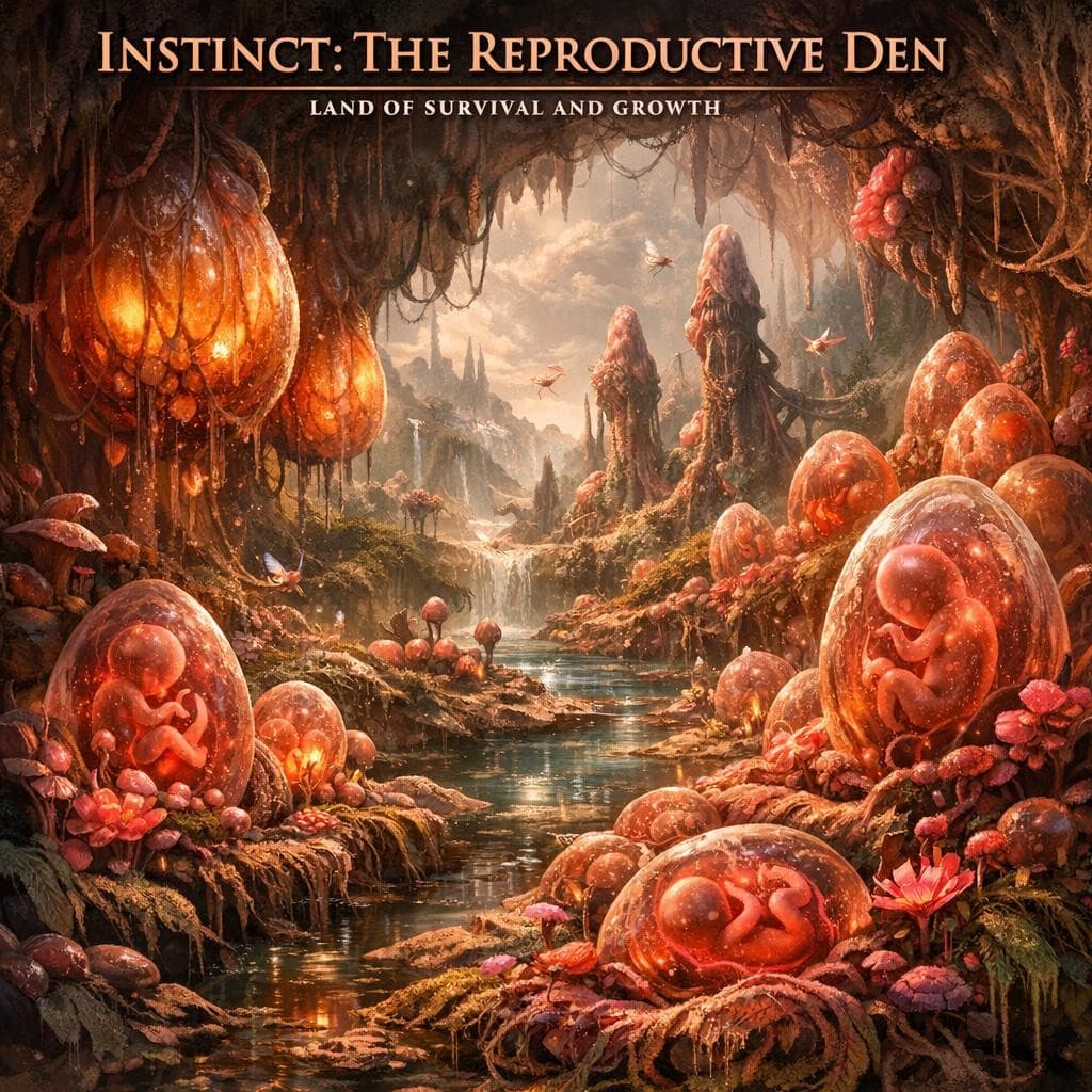 AI generated: Create a new and unique environment/Biome of  Instinct→ The Reproductive Den (Land of Survival and G...