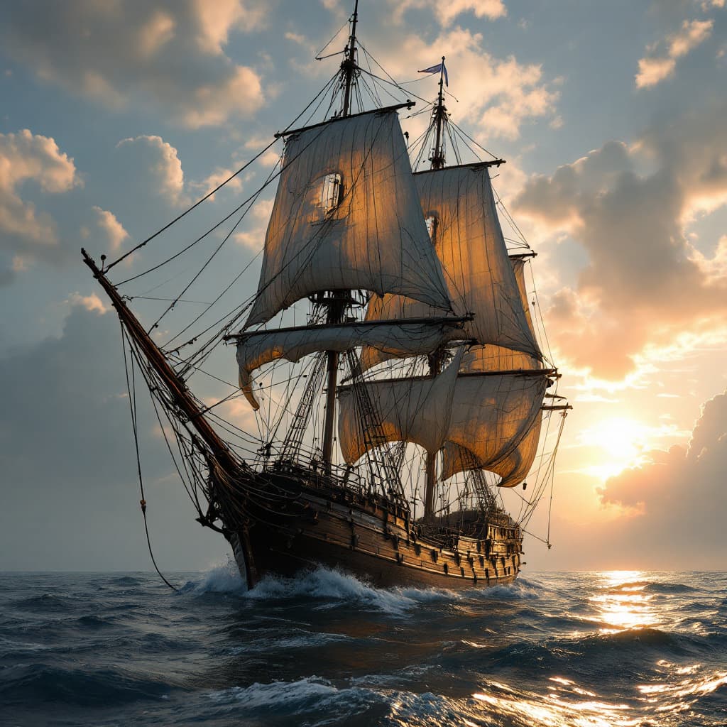 AI generated: Photo of a ultra realistic sailing ship, dramatic light, pale sunrise, cinematic lighting, battered,...