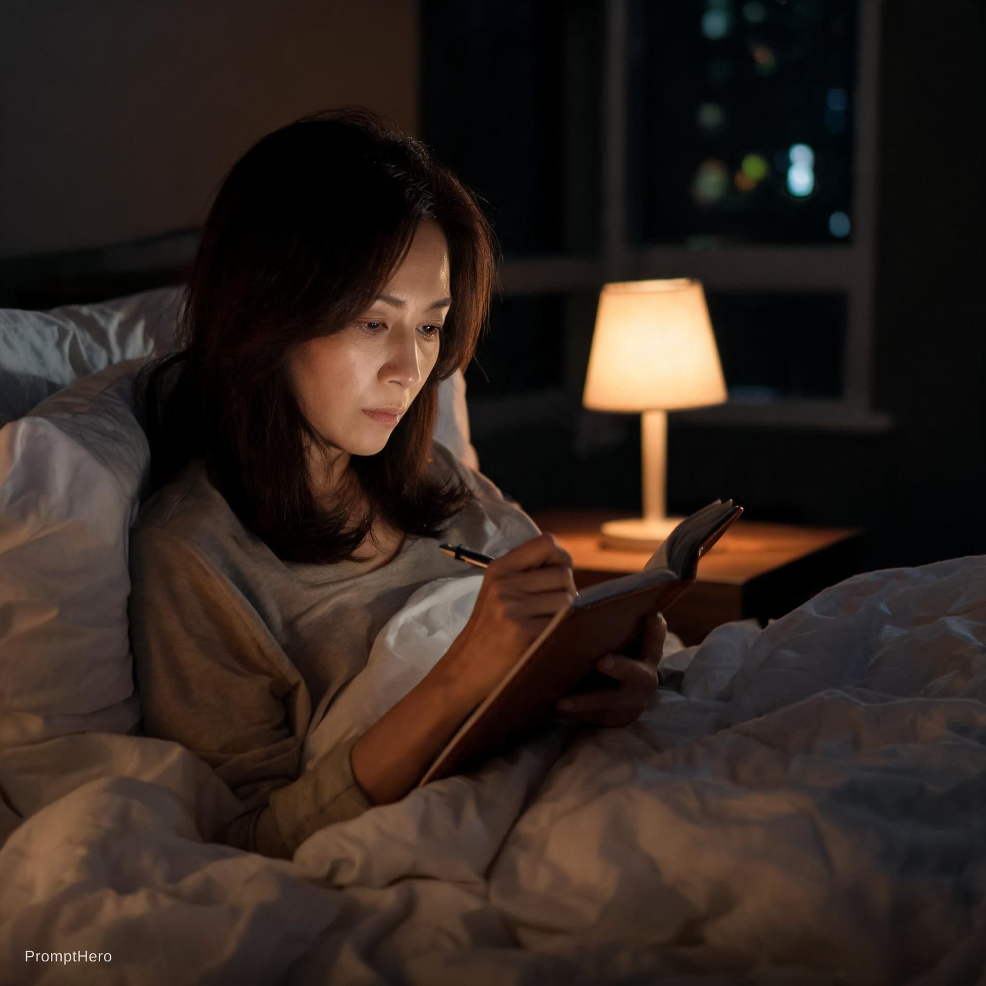 AI generated: Ultra-realistic editorial portrait, 35-year-old woman lying in bed at night, exhausted yet unable to...