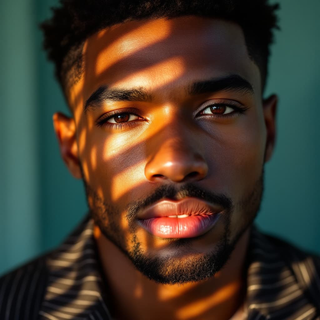 AI generated: Close-up portrait of a black man illuminated by soft, warm afternoon light streaming through window ...
