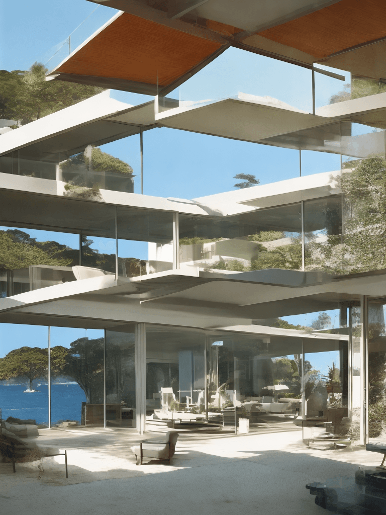 AI generated: Hyper realistic eye level exterior photo of a mid century modern style house overlooking the ocean, ...