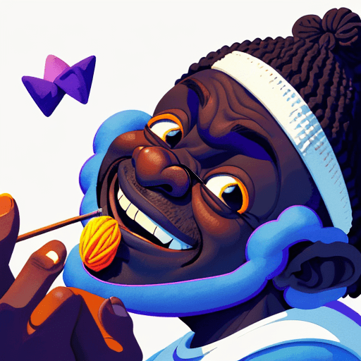 AI generated: Low angle, front on shot at a dark skinned man looking down knitting, he has a determined yet happy ...