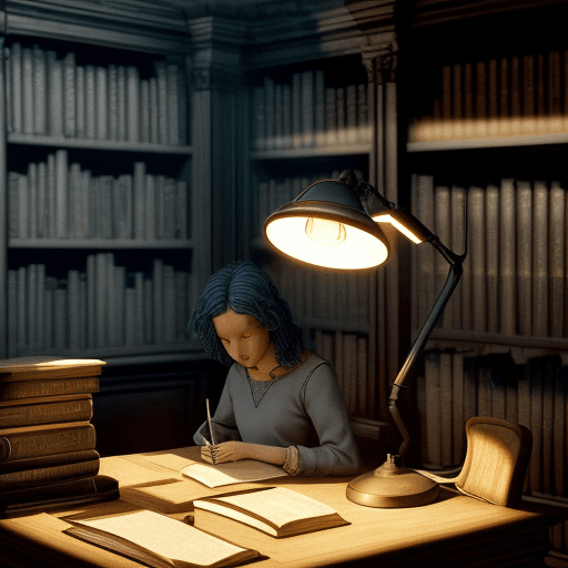 AI generated: a human sits in a library housed in an ancient building.  The human is writing with the help of an a...