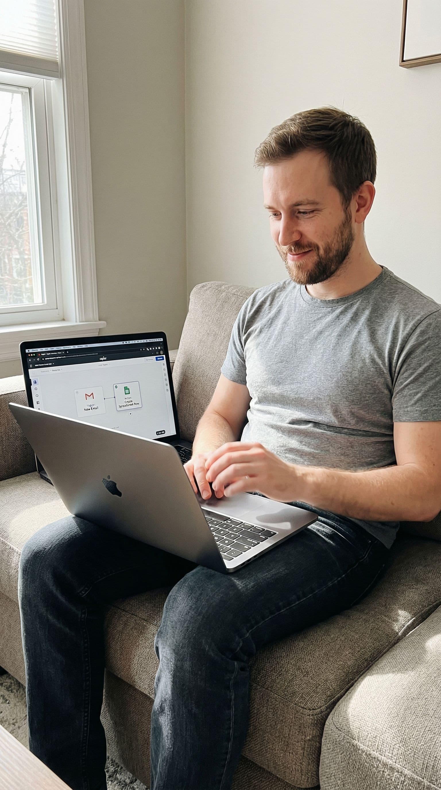 AI generated: Realistic iPhone-style photo of a North American man in his early 30s sitting casually on a sofa in ...