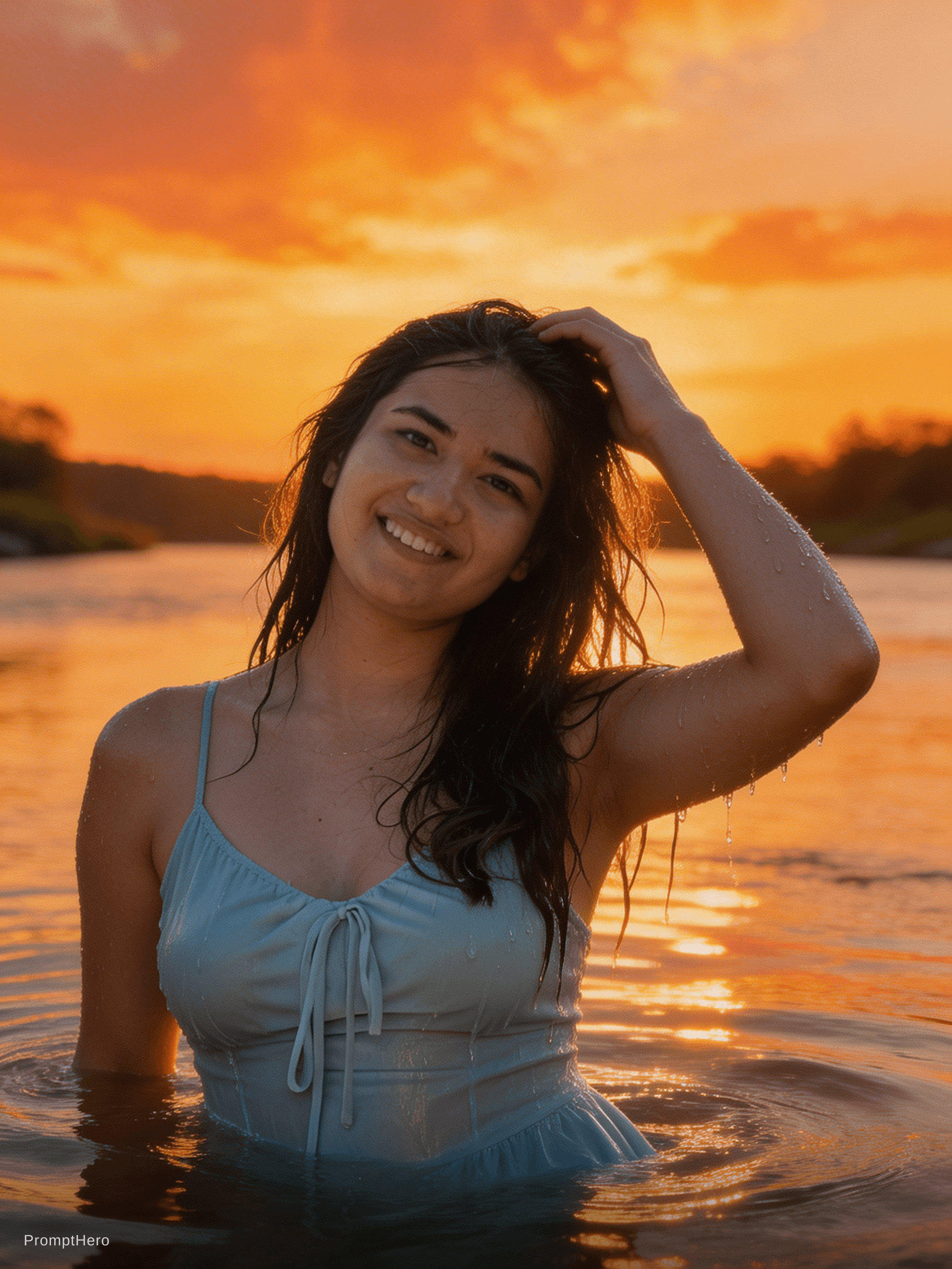 AI generated: The uploaded woman stands by a river. The setting sun, a fiery sunset, golden clouds, and golden rip...