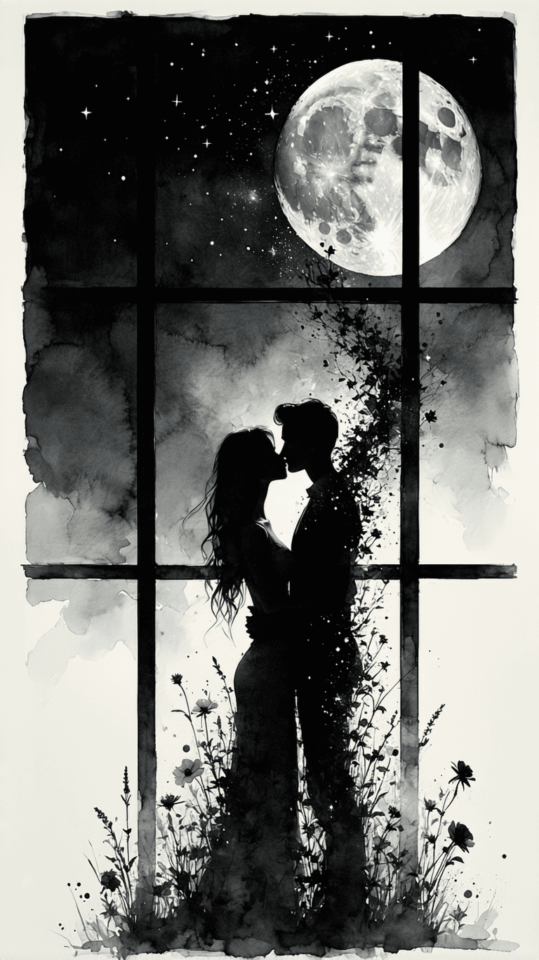 AI generated: A poster design of surreal, charcoal-style illustration of a woman standing by a window at night. Mo...