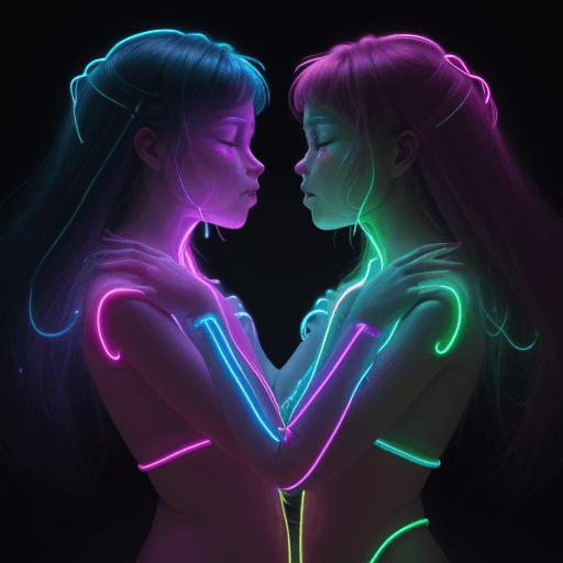 AI generated: Hyper realistic
 two beings of light intertwined in the shape of a culueta made of neon lights color...