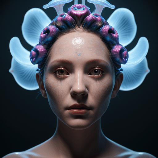 AI generated: Goddess close-up portrait ribcagel. jellyfish phoenix head, nautilus, orchid, skull, betta fish, bio...