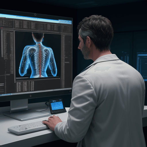 AI generated: Back photo of a ultra realistic doctor looking at a medical computer with medical curves and data on...