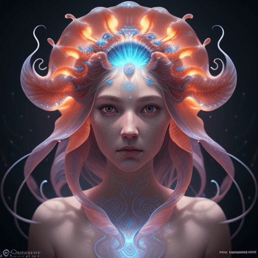 AI generated: Goddess close-up portrait of a jellyfish phoenix head, nautilus, betta fish, bioluminiscent creature...
