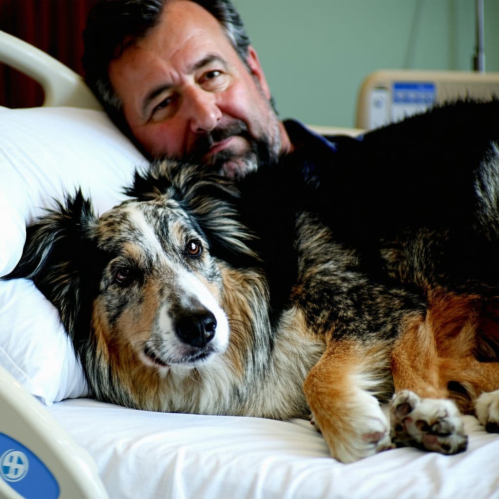 AI generated: A very old dog lies curled up on a hospital bed beside the waist of its aging male owner. Only the w...