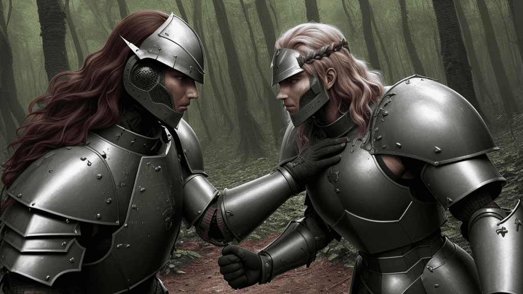 AI generated: a war between human male Armoured warriors in a forest, hair, face
