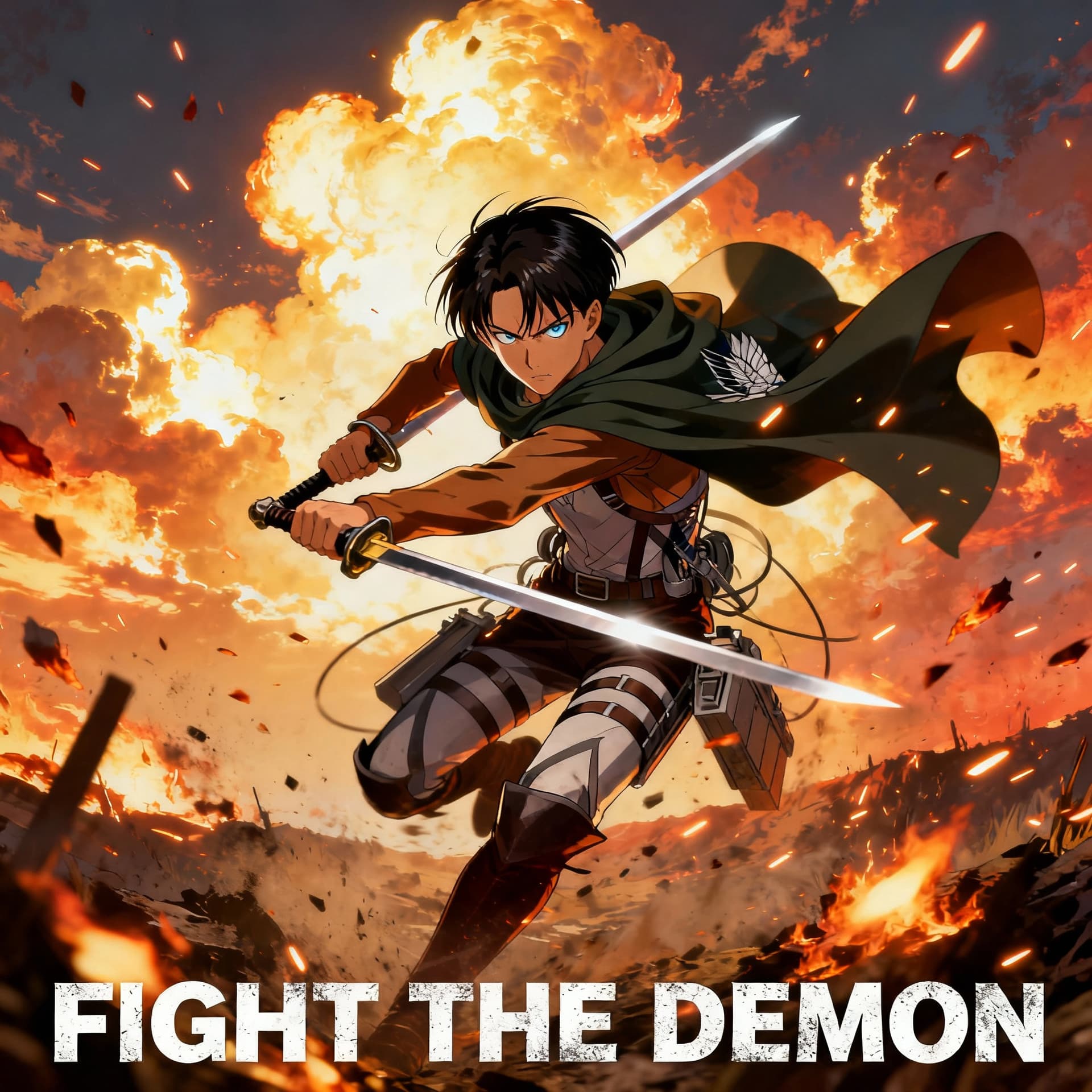 AI generated: Levi Ackerman from Attack on Titan, mid-spin in battle with dual swords, cape flowing, sparks and em...