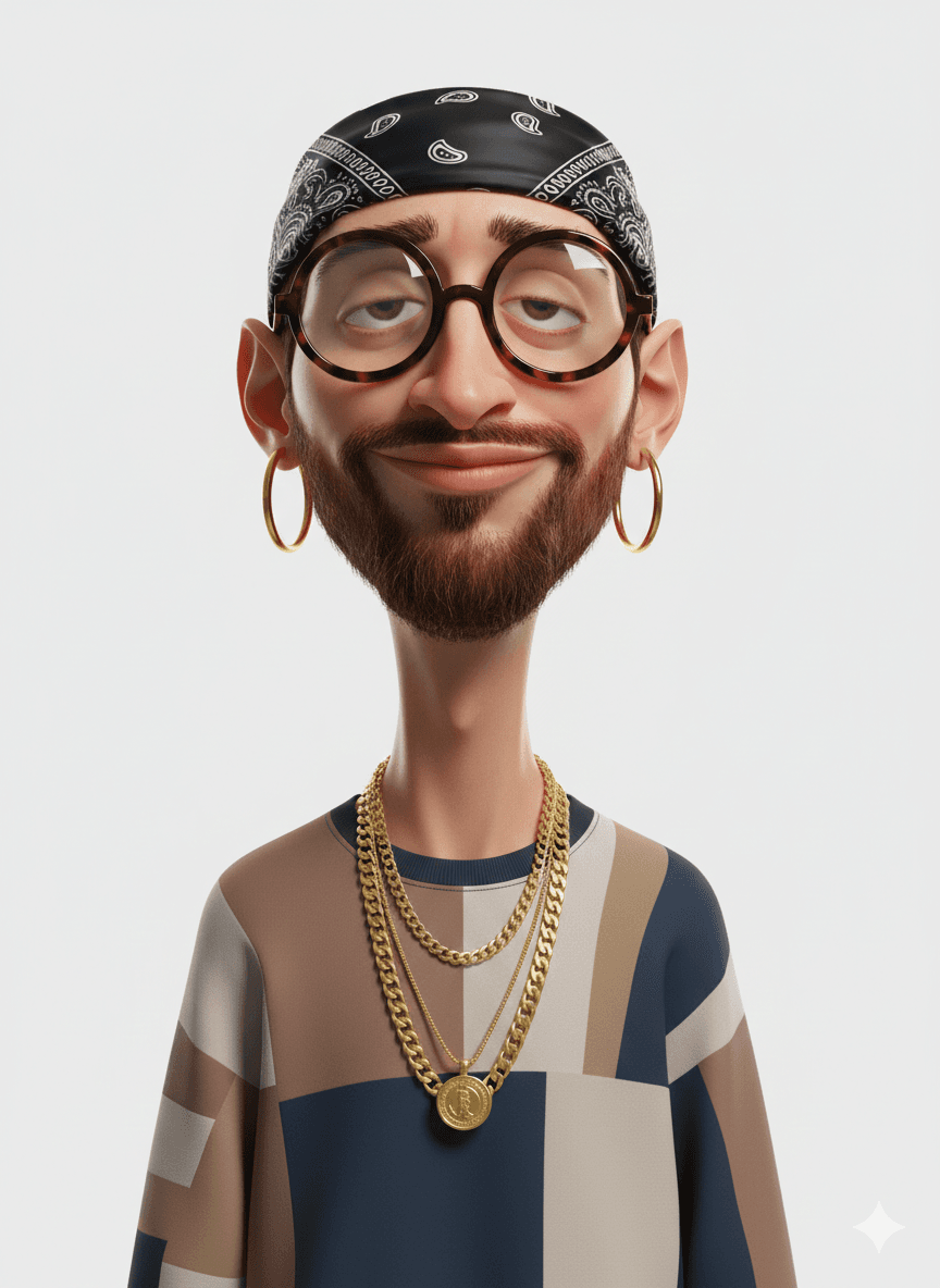 AI generated: “Create an exaggerated stylized 3D caricature character portrait with strong intentional deformation...