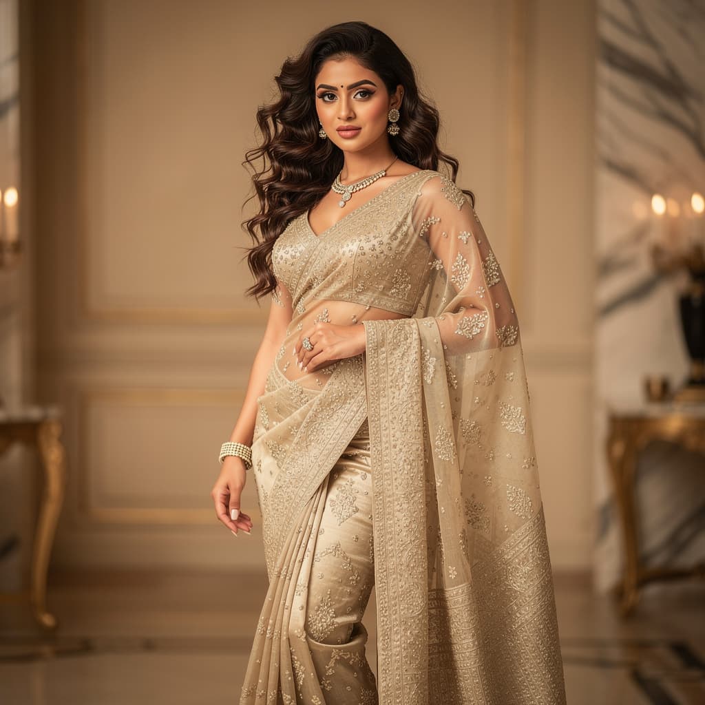 AI generated: Sexy hot long curly bang bun sexy saree mom
