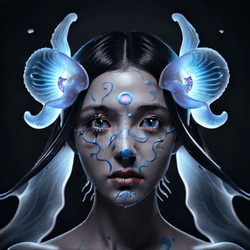 AI generated: Goddess close-up portrait ribcagel. jellyfish phoenix head, nautilus, orchid, skull, betta fish, bio...
