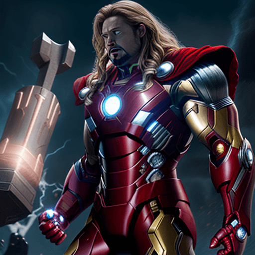 AI generated: Iron man finally lifted Thor's hammer after defeating him