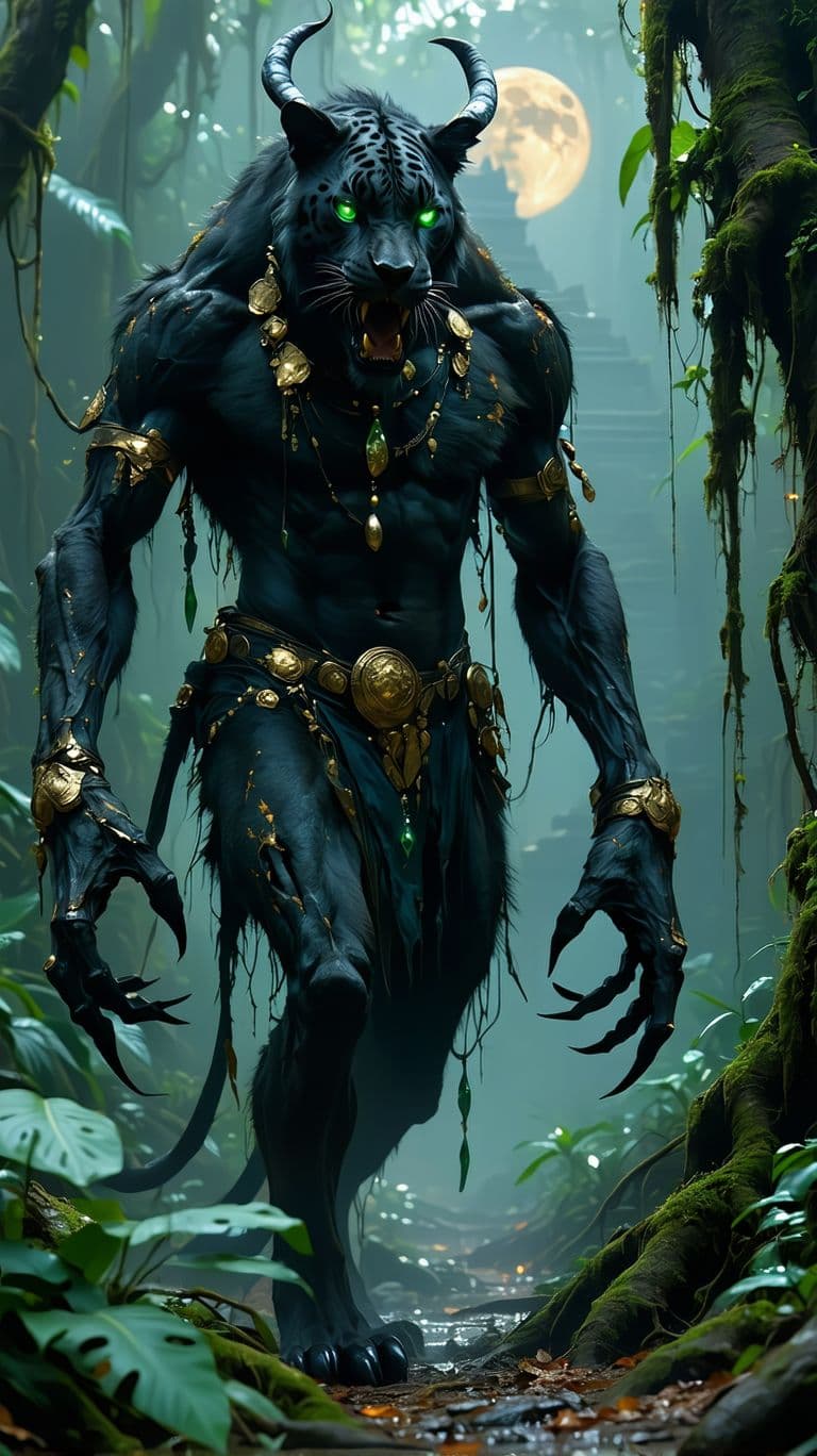AI generated: "A towering Nahual demon, a fusion of man and beast, stalks forward through the thick jungle mist, i...