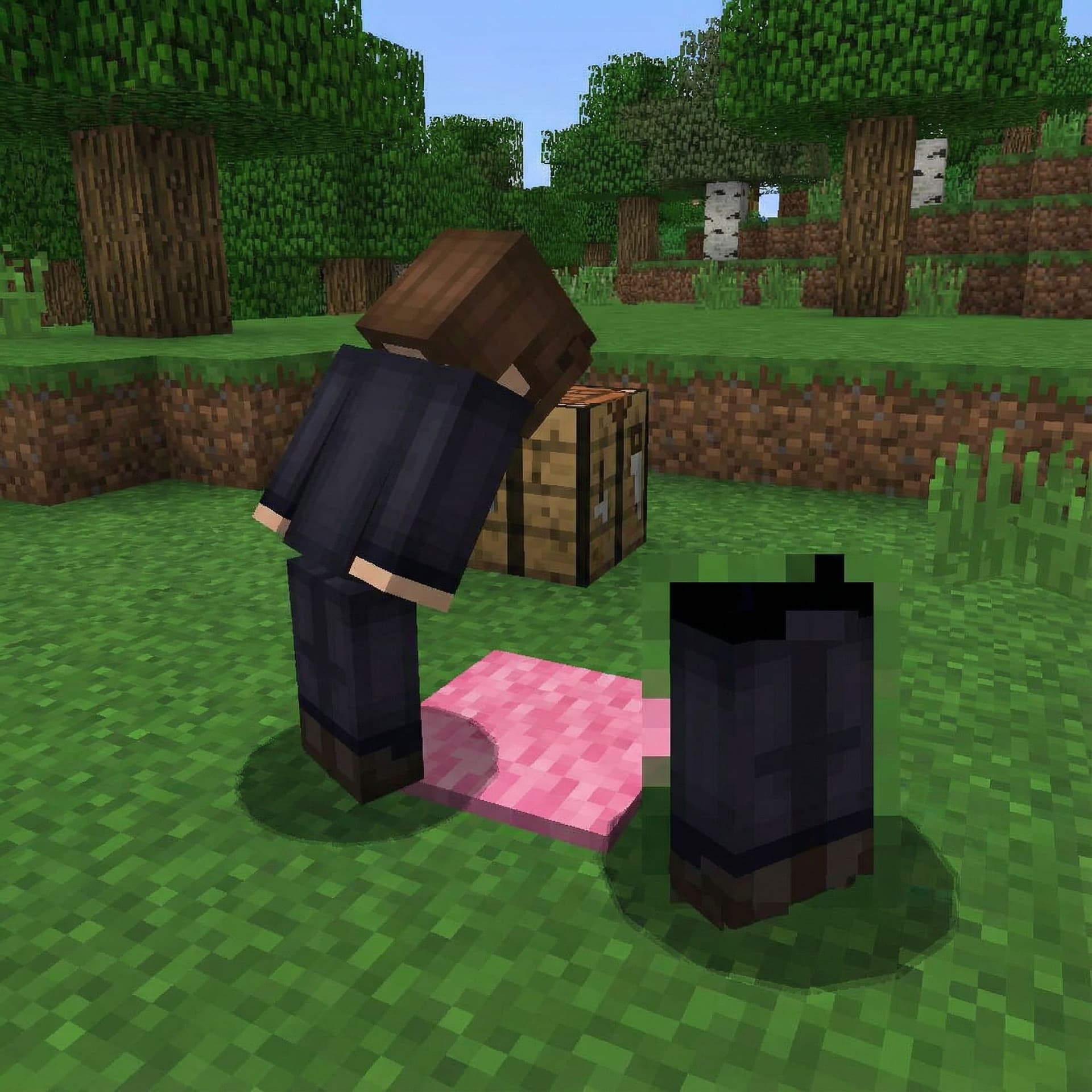 AI generated: In the Overworld make it bend down in a Doggystyle position   and using thr other skin whith his pan...