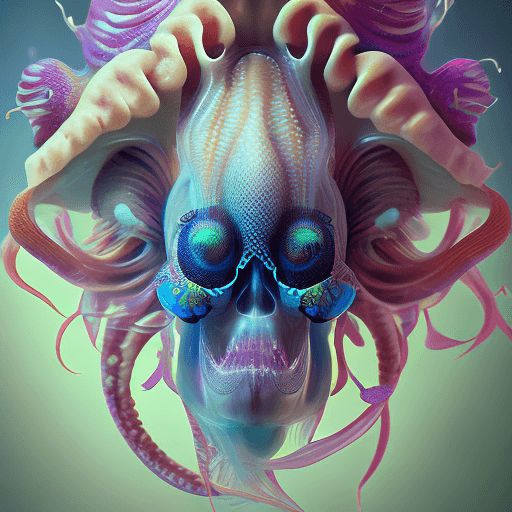 AI generated: Goddess close-up portrait ribcagel. jellyfish phoenix head, nautilus, orchid, skull, betta fish, bio...
