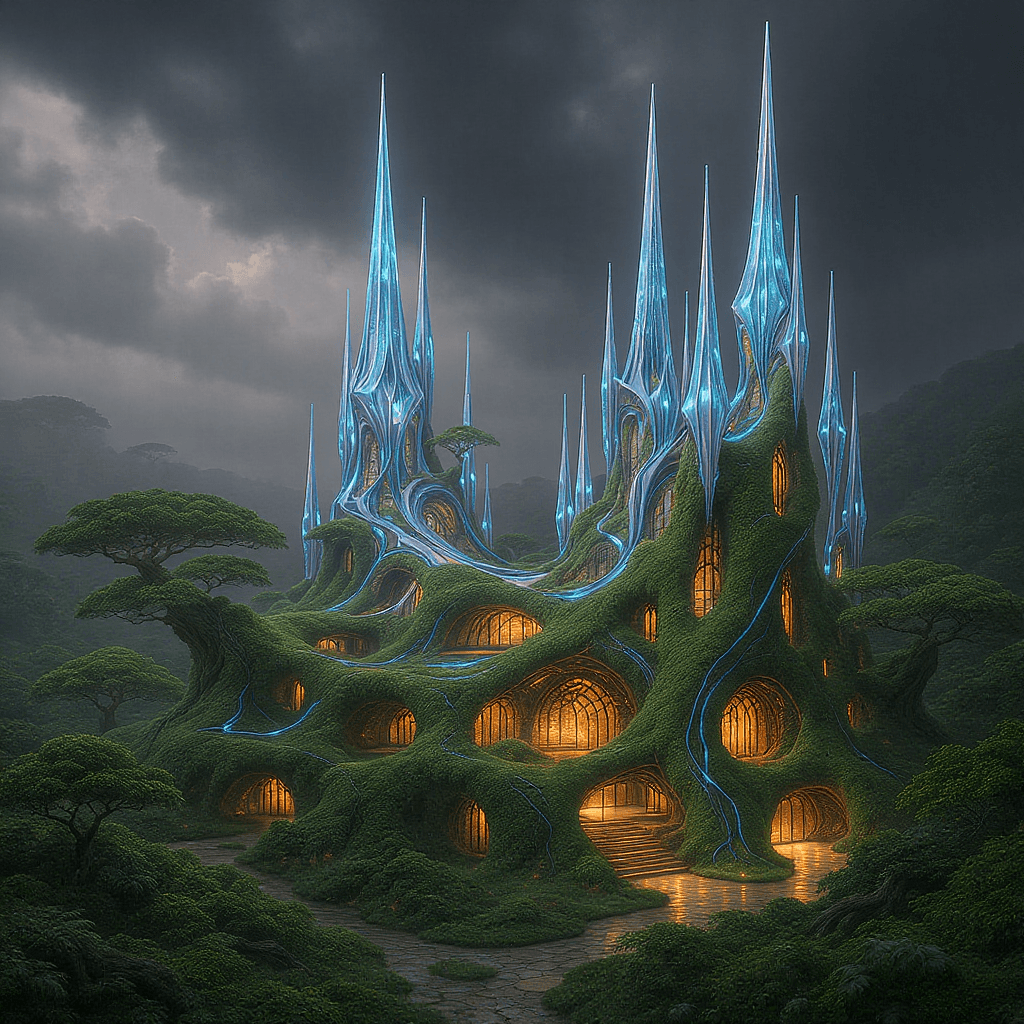 AI generated: Afro-fururistic Techno-nature architecture features vibranium spires and bioluminescent elements wit...