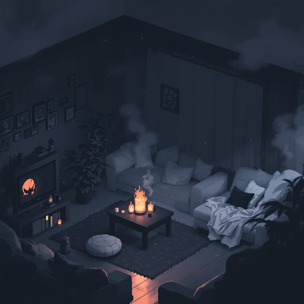 AI generated: Gloomy anime living room background 