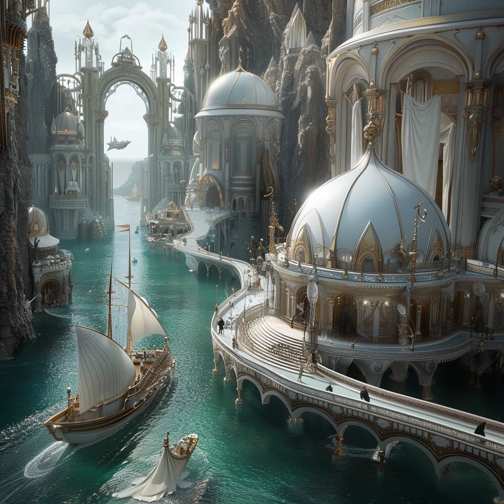 AI generated: Magnificent view of the Atlantean main city bustling with activity --personalize nwnd4j3 --stylize 6...