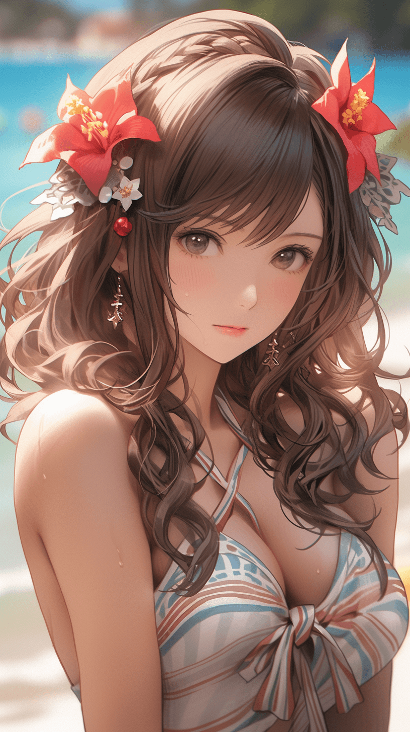 AI generated: anime model with flowers on her head on the beach, in the style of artgerm, charming character illus...