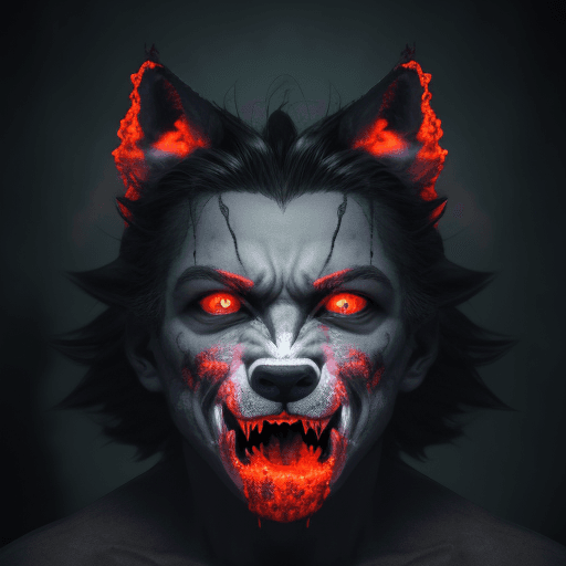 AI generated: La imagen muestra a un lobo con apariencia demoníaca, gritando con la boca bien abierta. Está rodead...