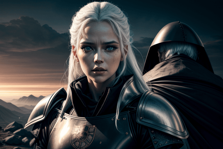 AI generated: a beautiful white-haired queen, future themed, ((wearing black heraldic clothes, black mechanical ou...